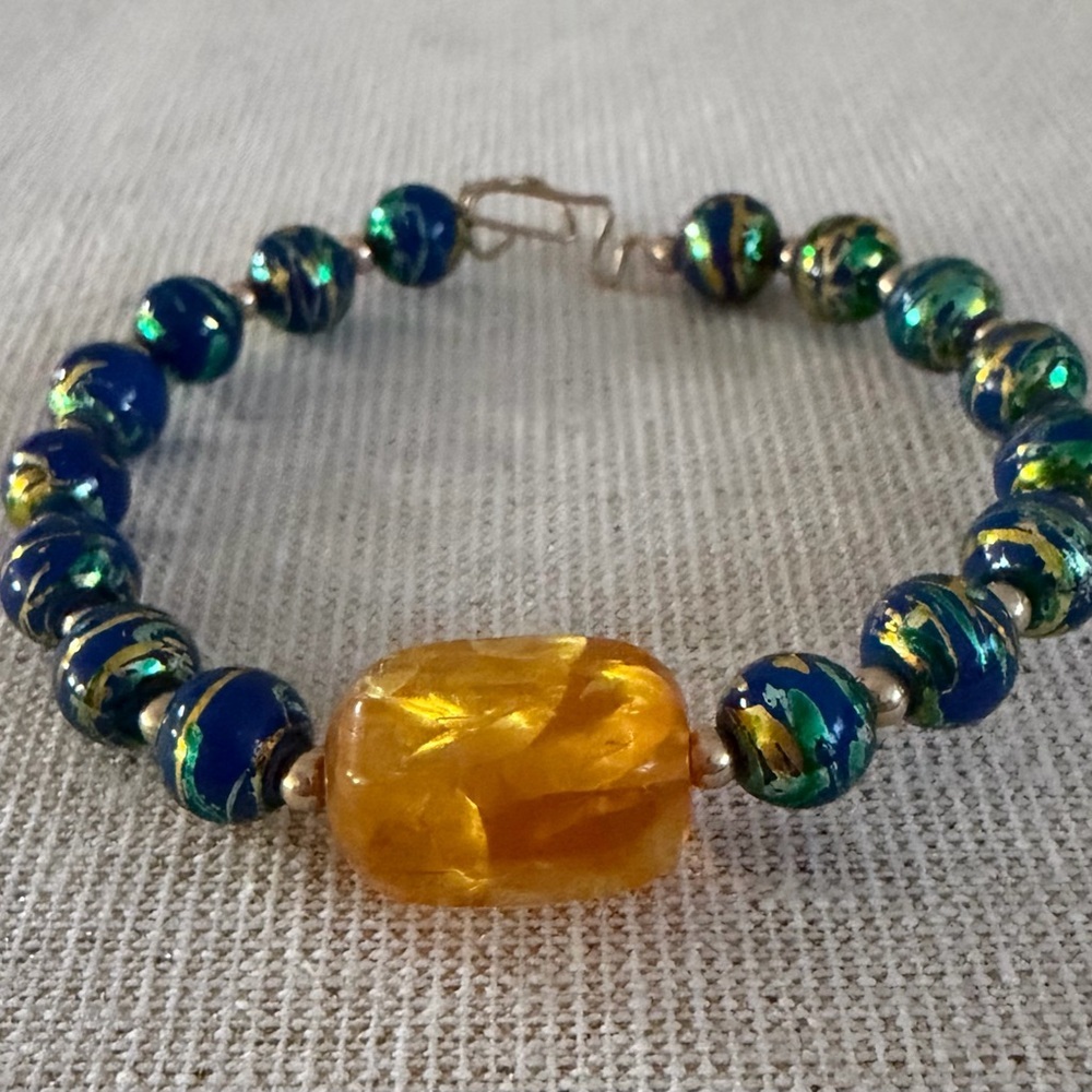 Blue and Gold Glass Bead Bracelet with Amber Focal Bead - Picture 2 of 5